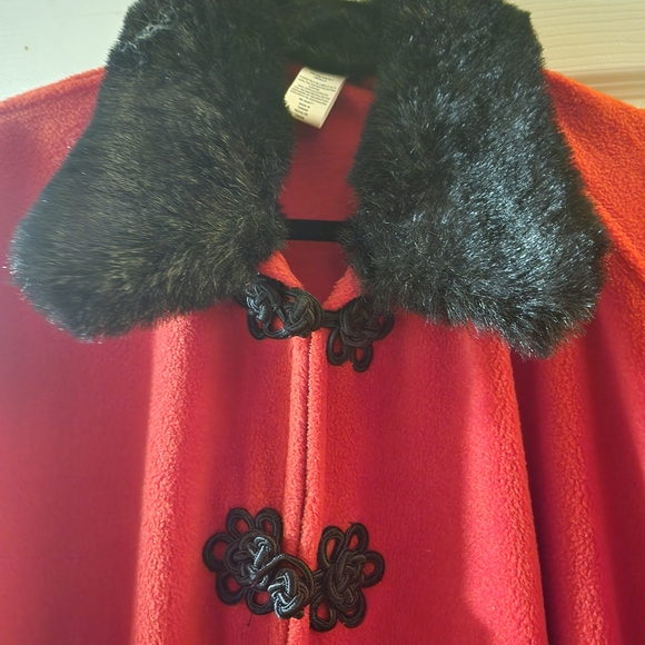 Worthington Jackets & Blazers - Red Pancho with Black Faux Fur Collar